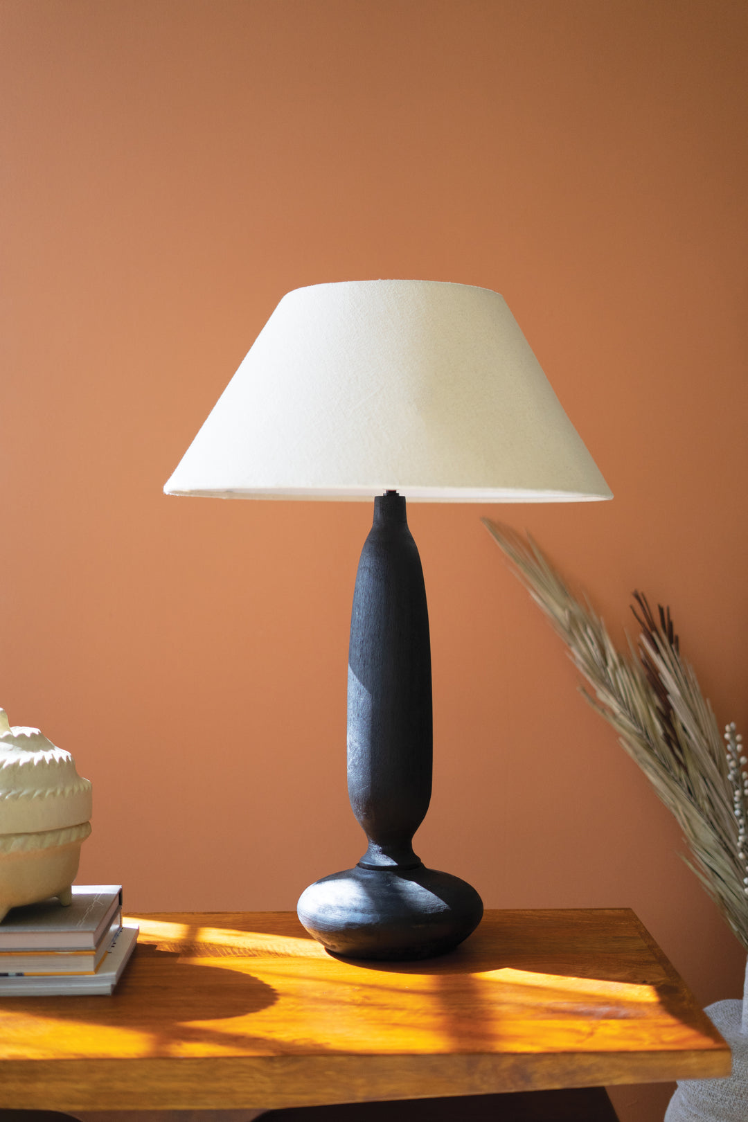 Black Mango Wood Table Lamp With Tapered Fabric Shade