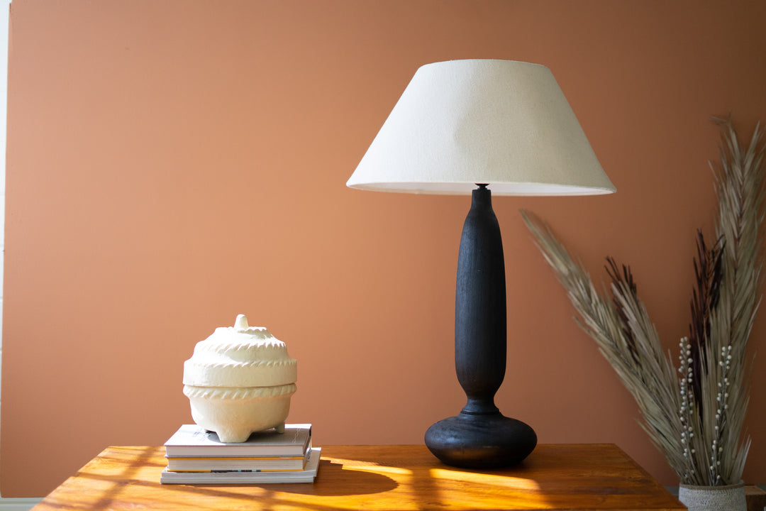 Black Mango Wood Table Lamp With Tapered Fabric Shade