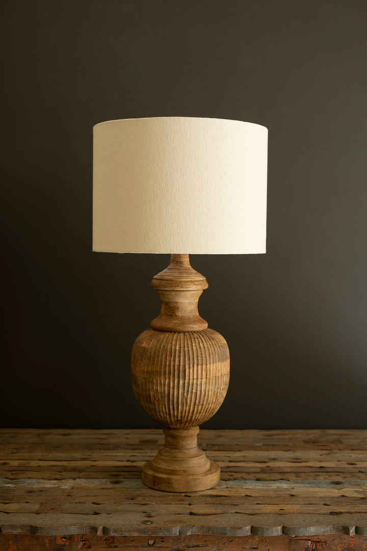 Carved Lines Wooden Table Lamp with Fabric Shade