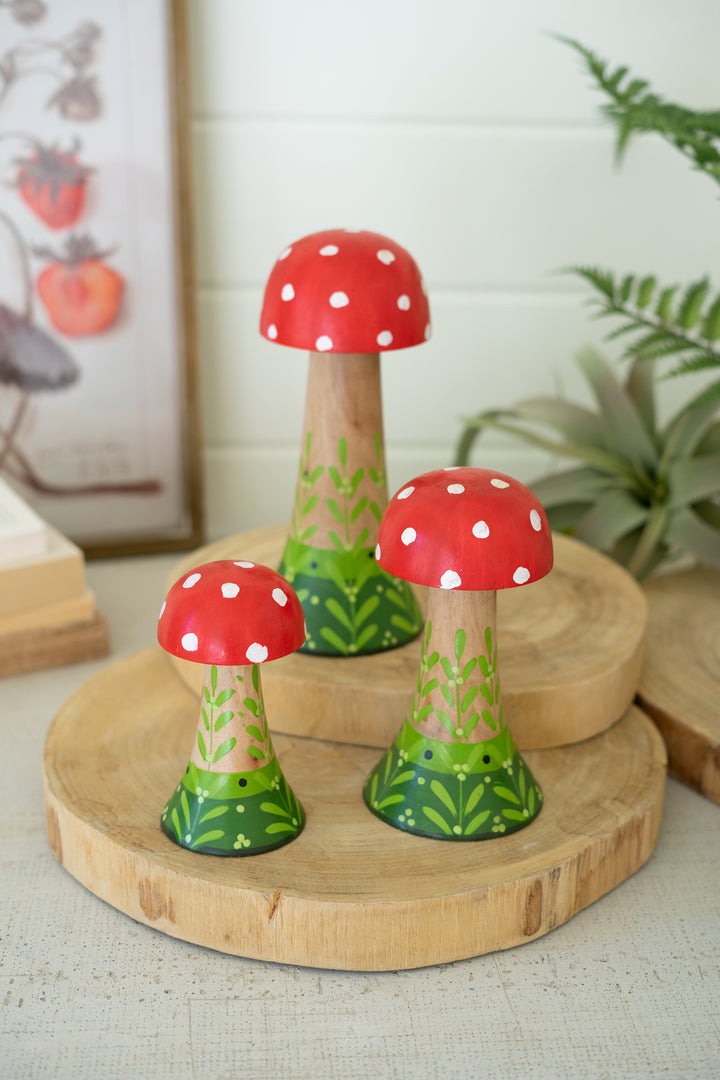 Set Of 3 Painted Wooden Mushrooms