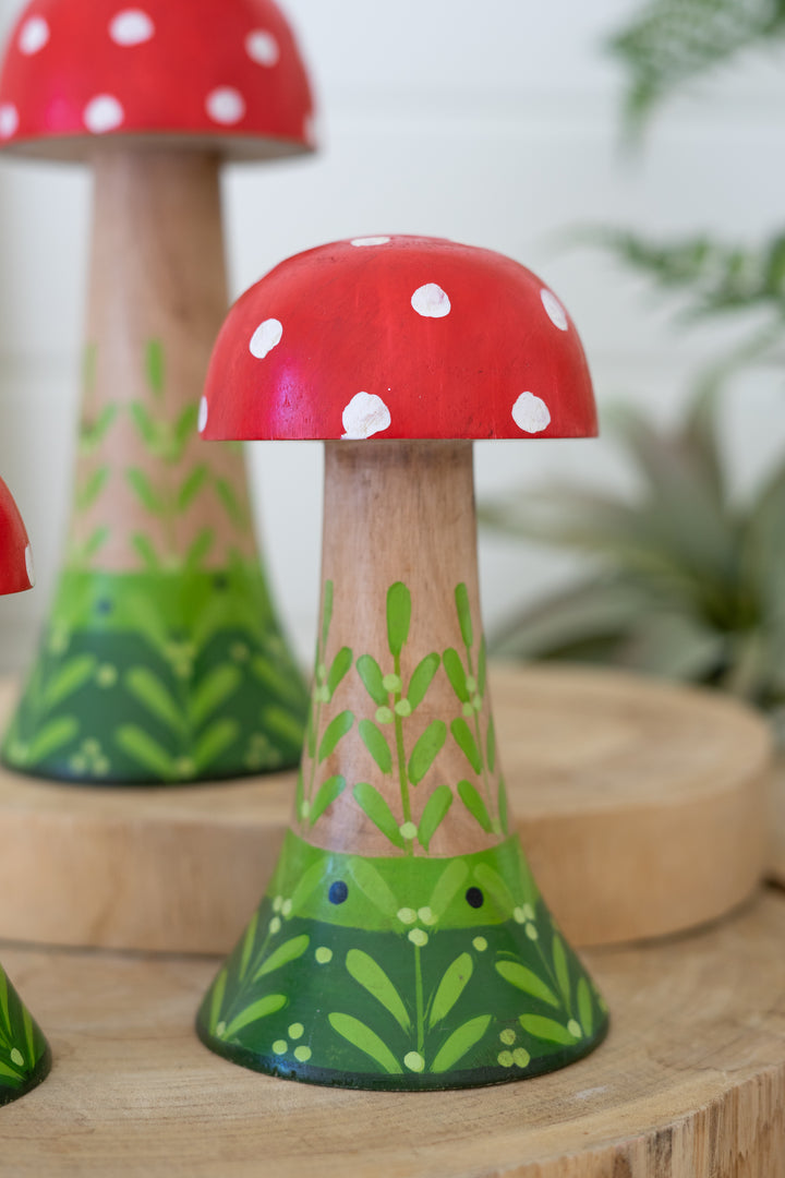 Set Of 3 Painted Wooden Mushrooms