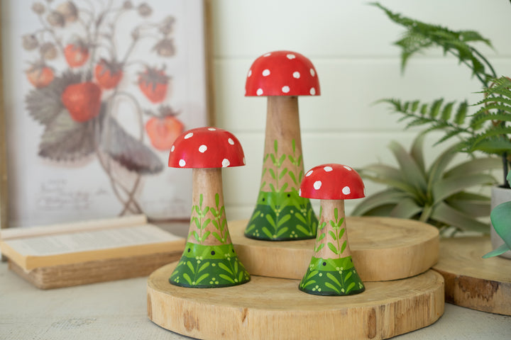 Set Of 3 Painted Wooden Mushrooms