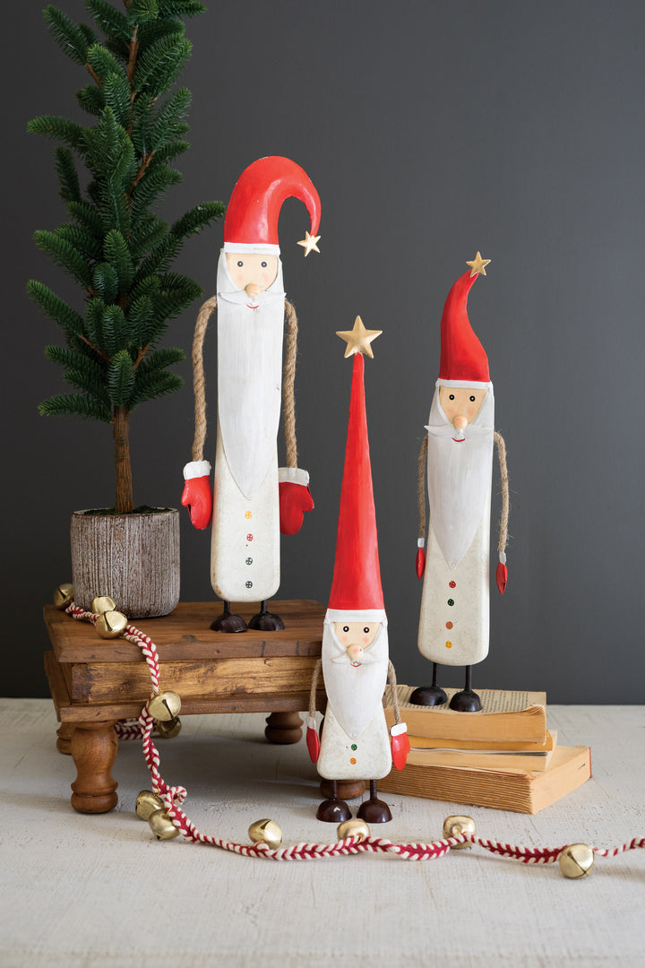 Set Of 3 Painted Metal And Wood Santas