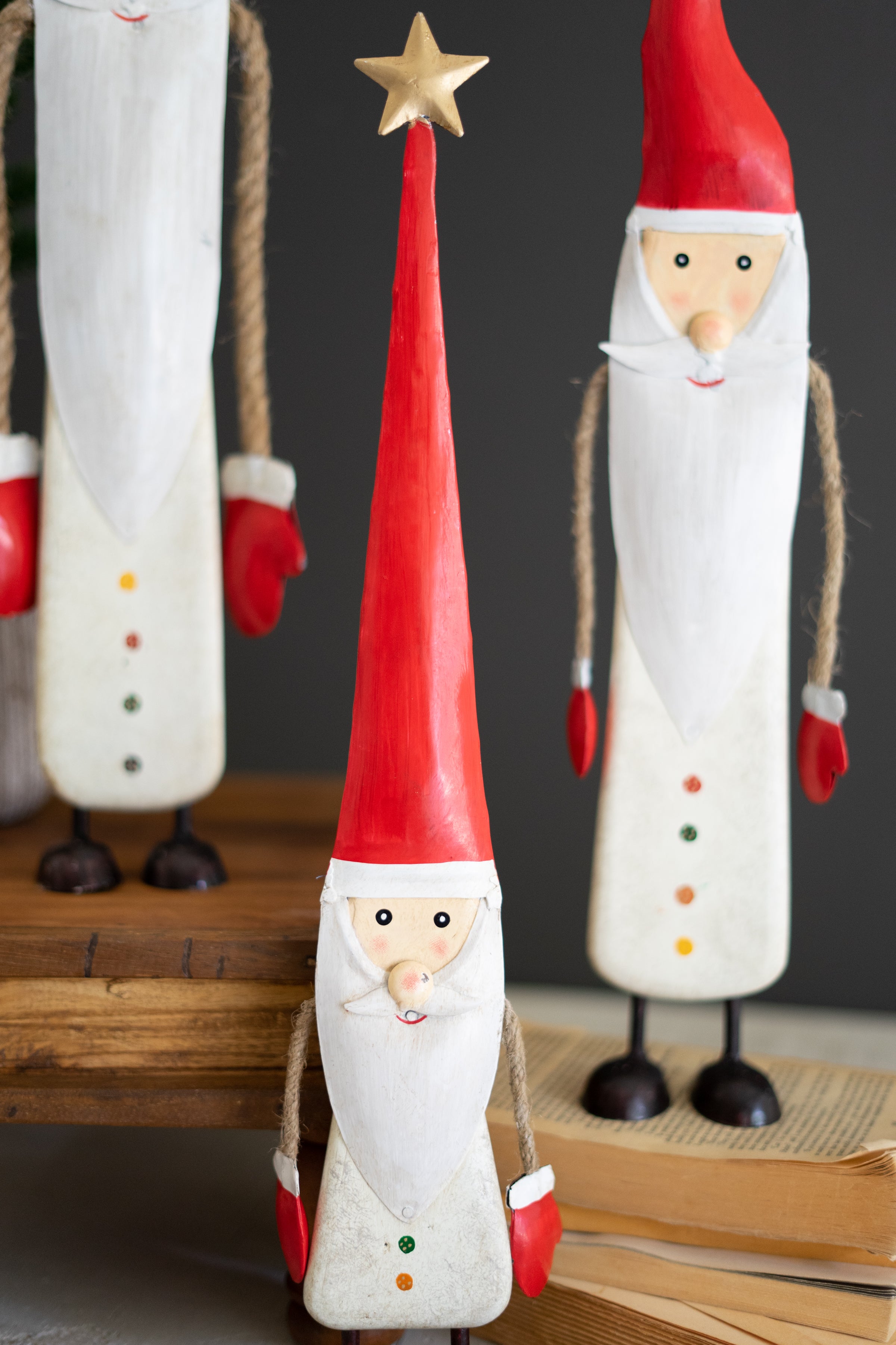 Set of 2 Tall Wood and Painted Metal Santas