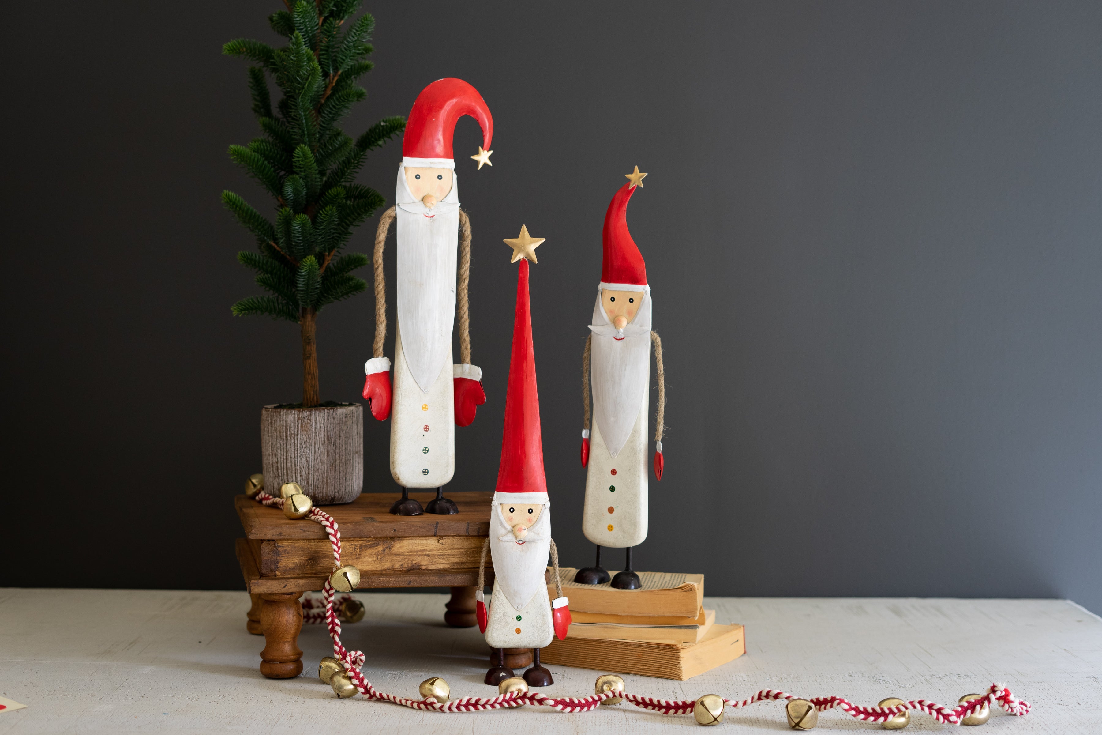 Set of 2 Tall Wood and Painted Metal Santas - Thumbnail 4