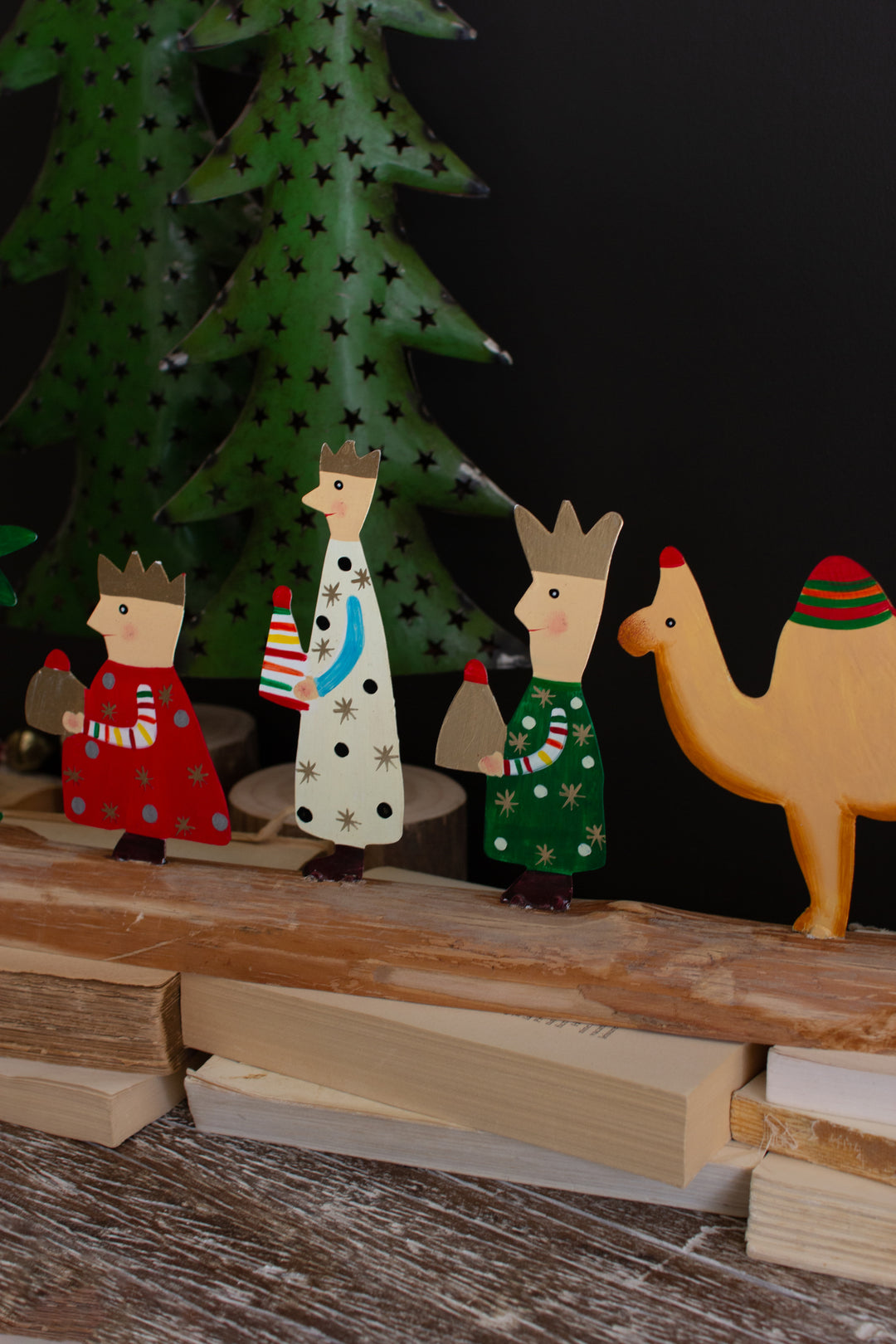 Painted Metal Christmas Kings And Camel On A Wood Base