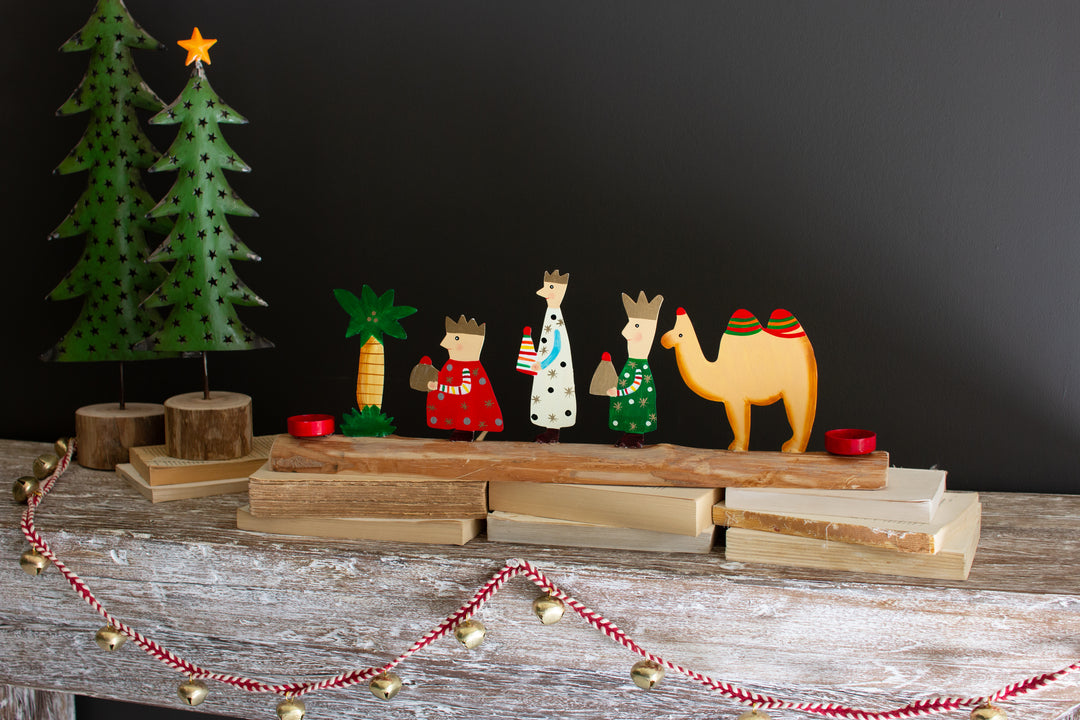 Painted Metal Christmas Kings And Camel On A Wood Base