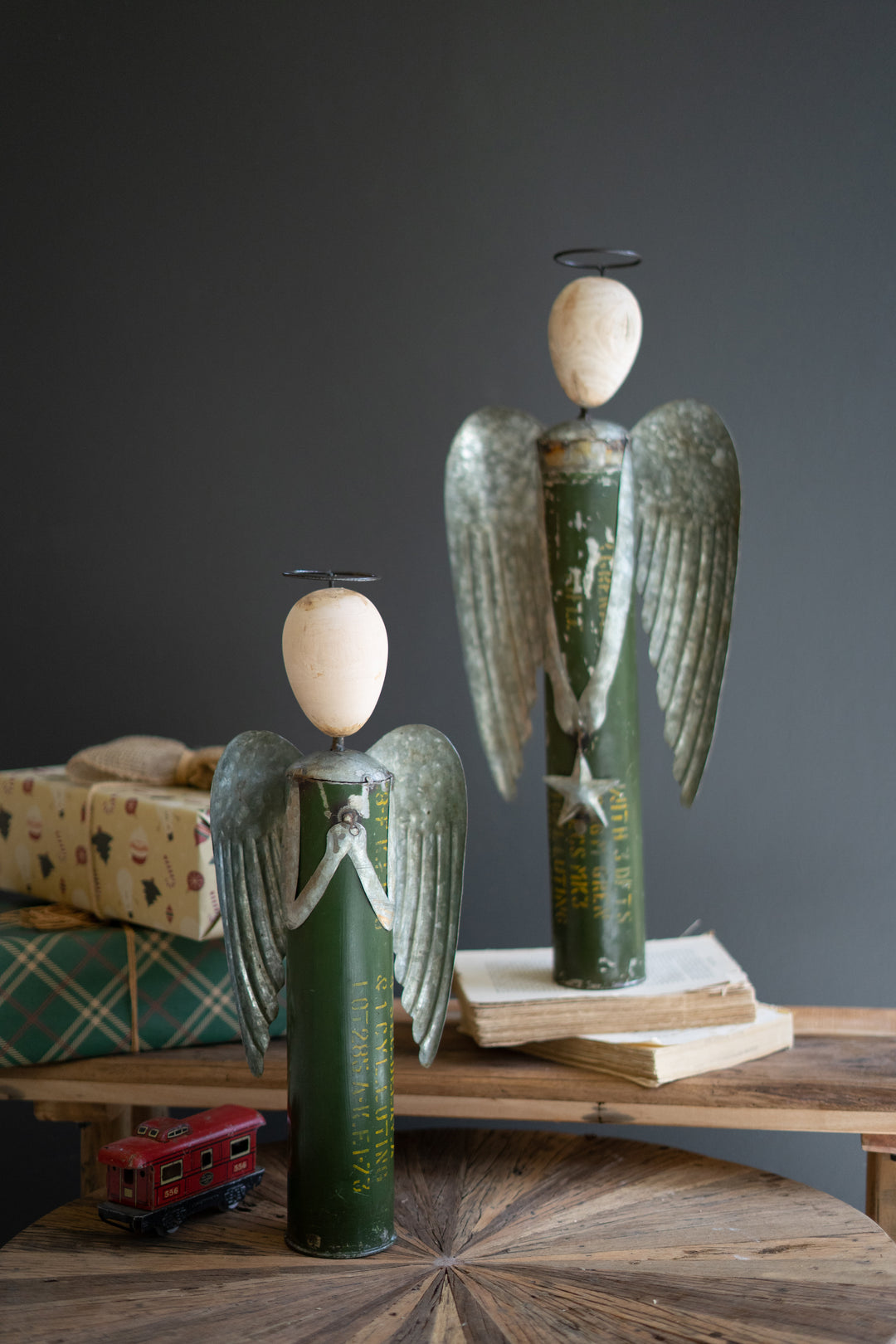 Set Of 2 Recycled Metal Angels With Wooden Heads