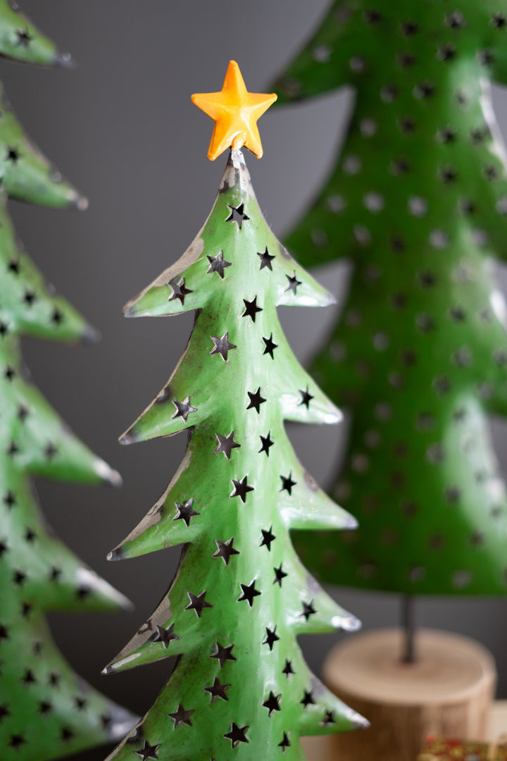 Set Of 3 Recycled Iron Christmas Trees On Wood