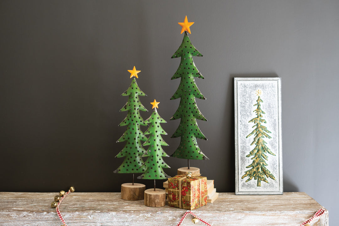 Set Of 3 Recycled Iron Christmas Trees On Wood