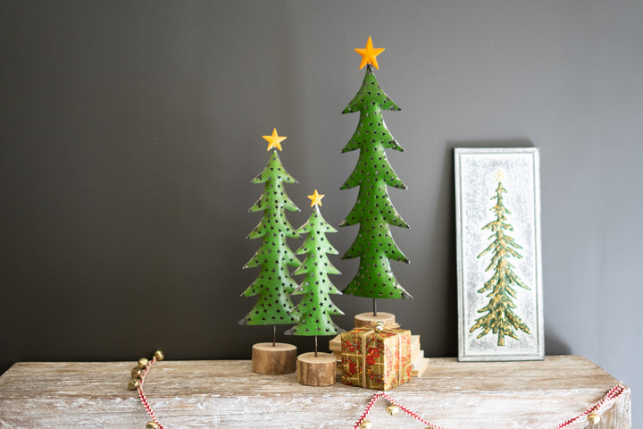 Set Of 3 Recycled Iron Christmas Trees On Wood