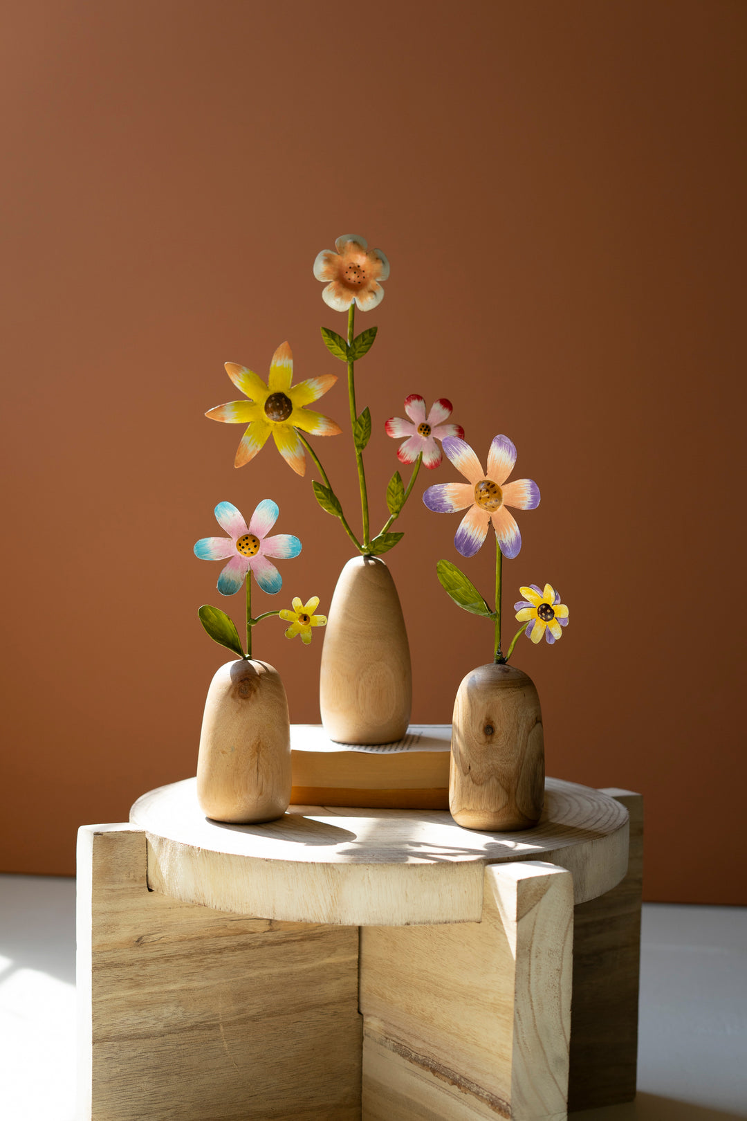 Set of 3 Painted Metal Flowers with Wooden Bases