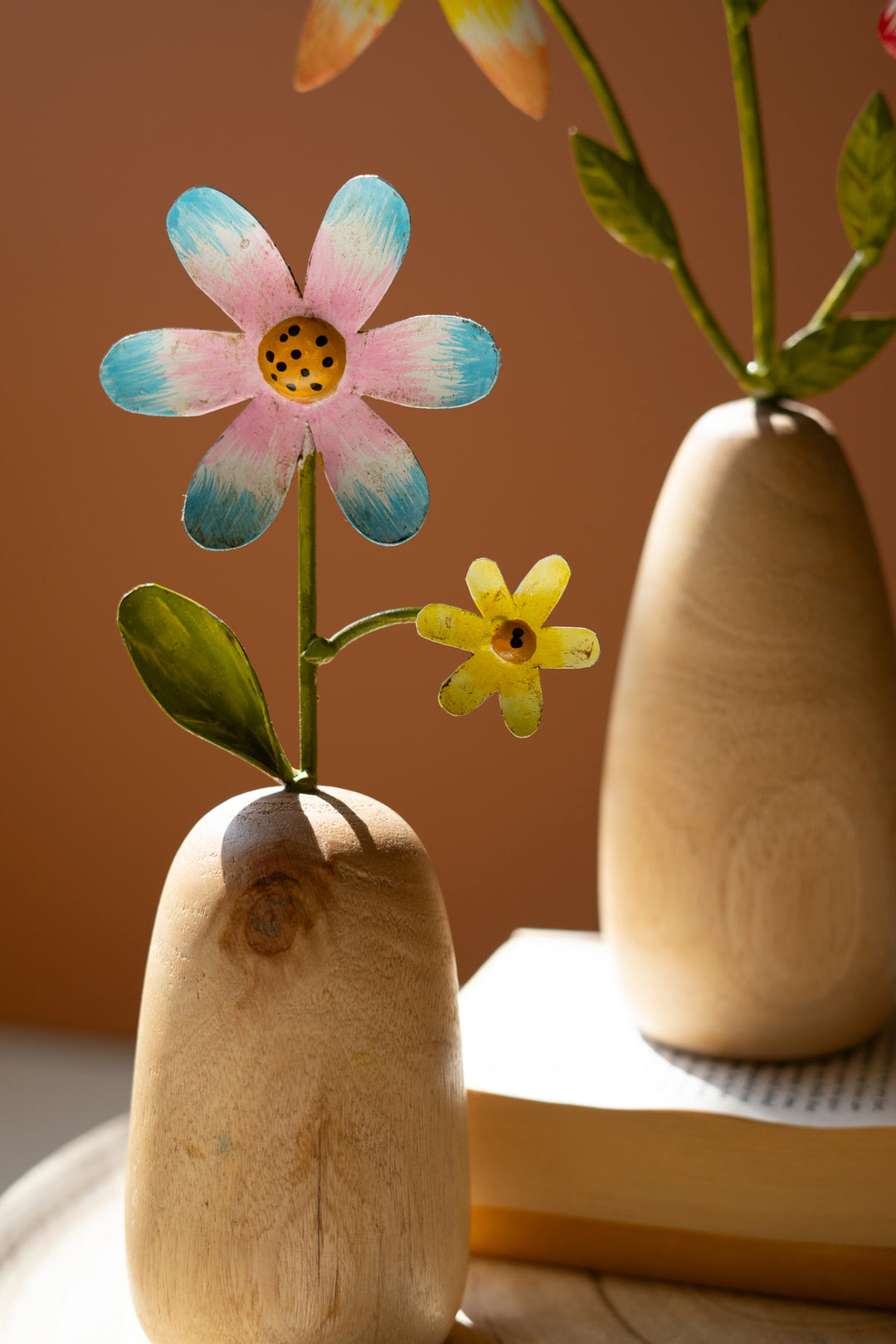 Set of 3 Painted Metal Flowers with Wooden Bases