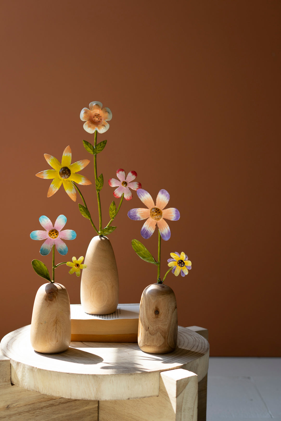 Set of 3 Painted Metal Flowers with Wooden Bases