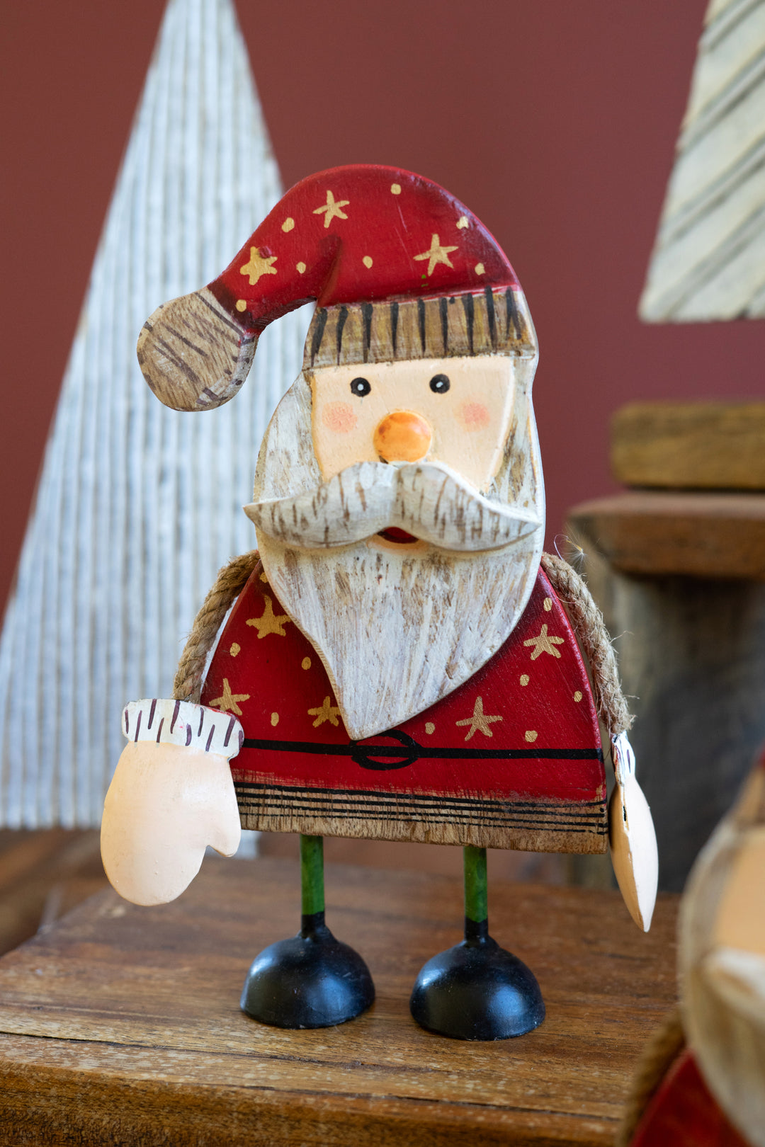 Set of 2 Painted Wood Santas with Rope Arms