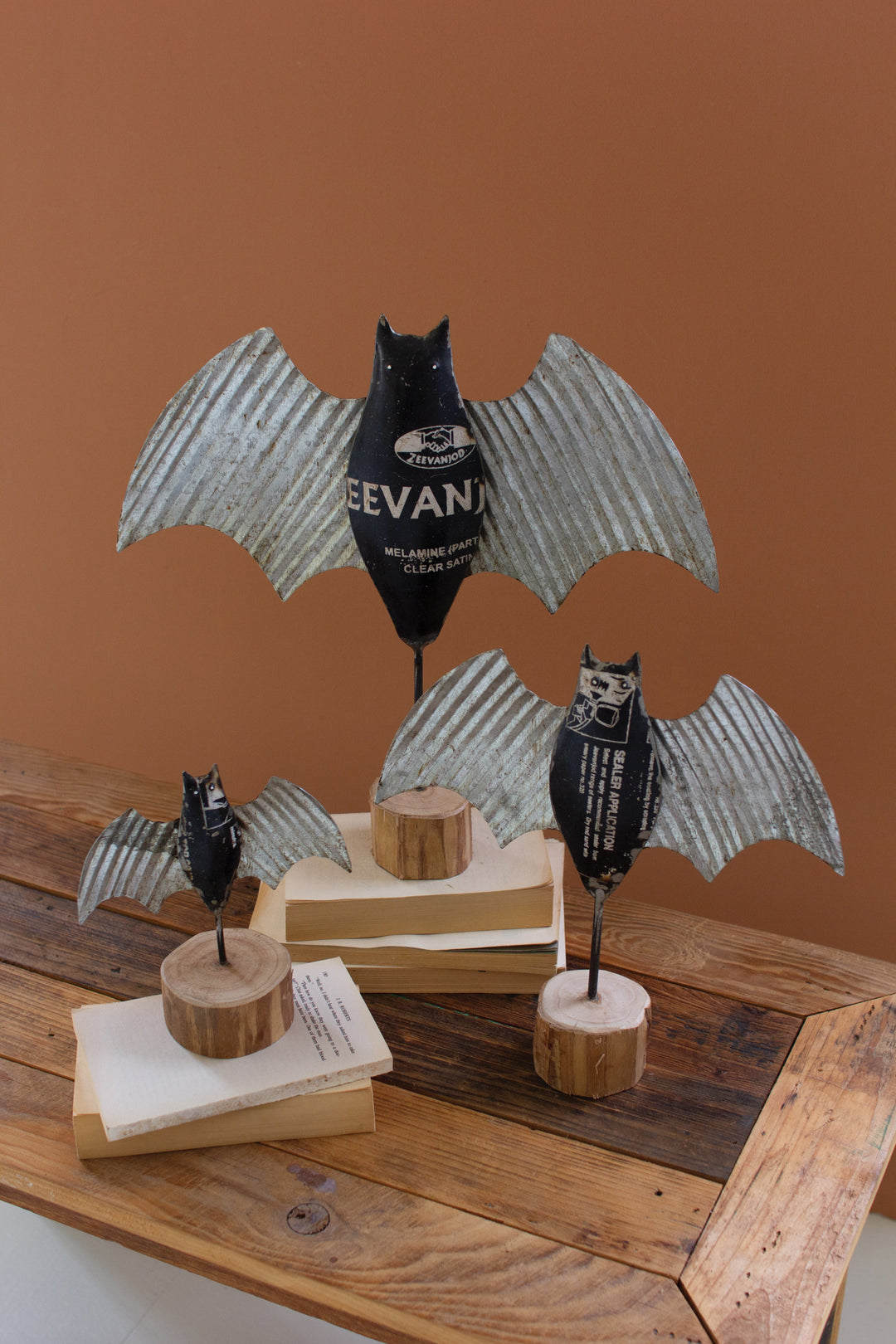 Set of 3 Metal Halloween Bats on Wooden Bases