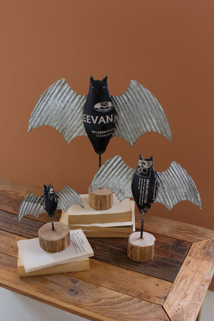 Set of 3 Metal Halloween Bats on Wooden Bases