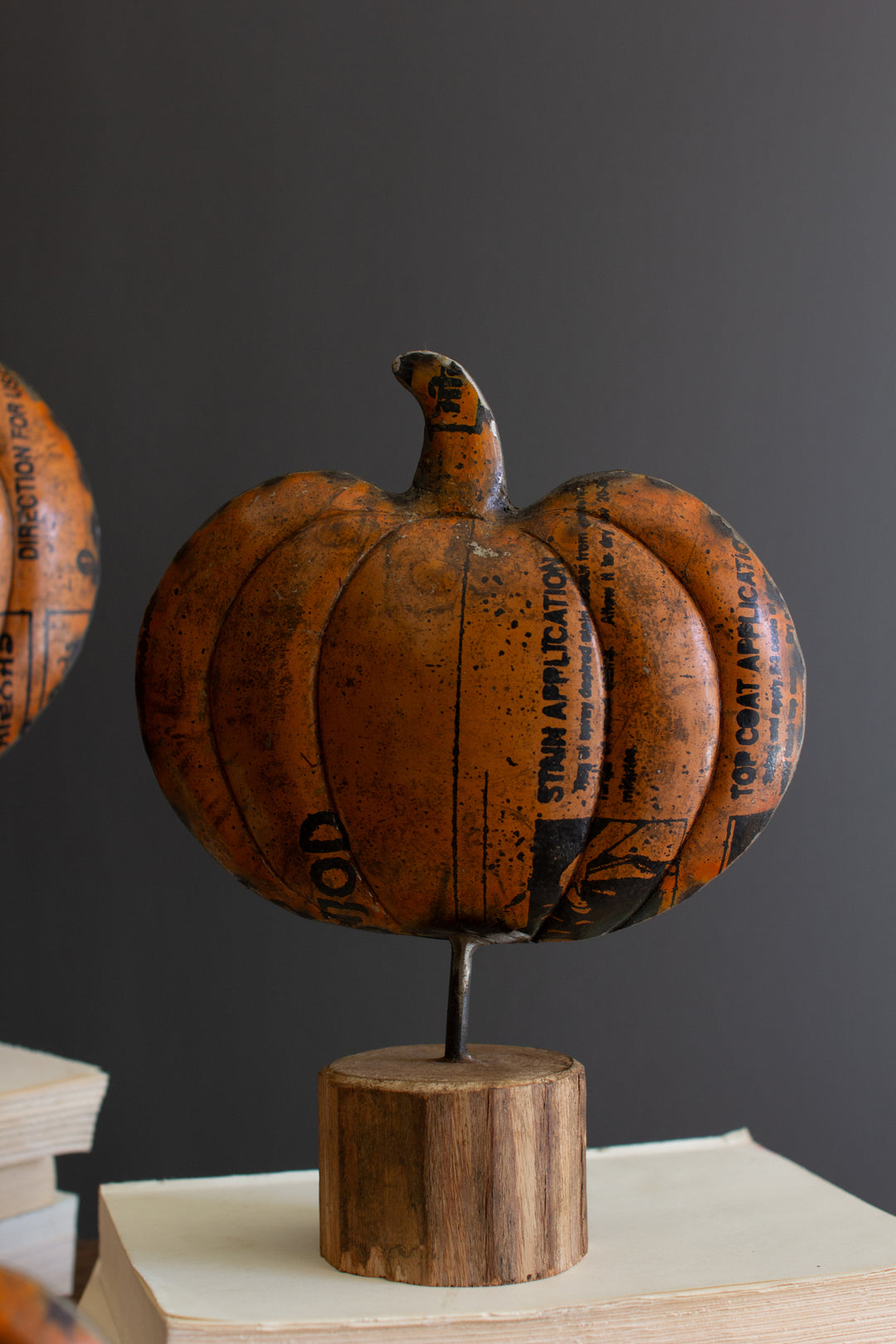 Set of 3 Recycled Metal Pumpkins on Wooden Bases