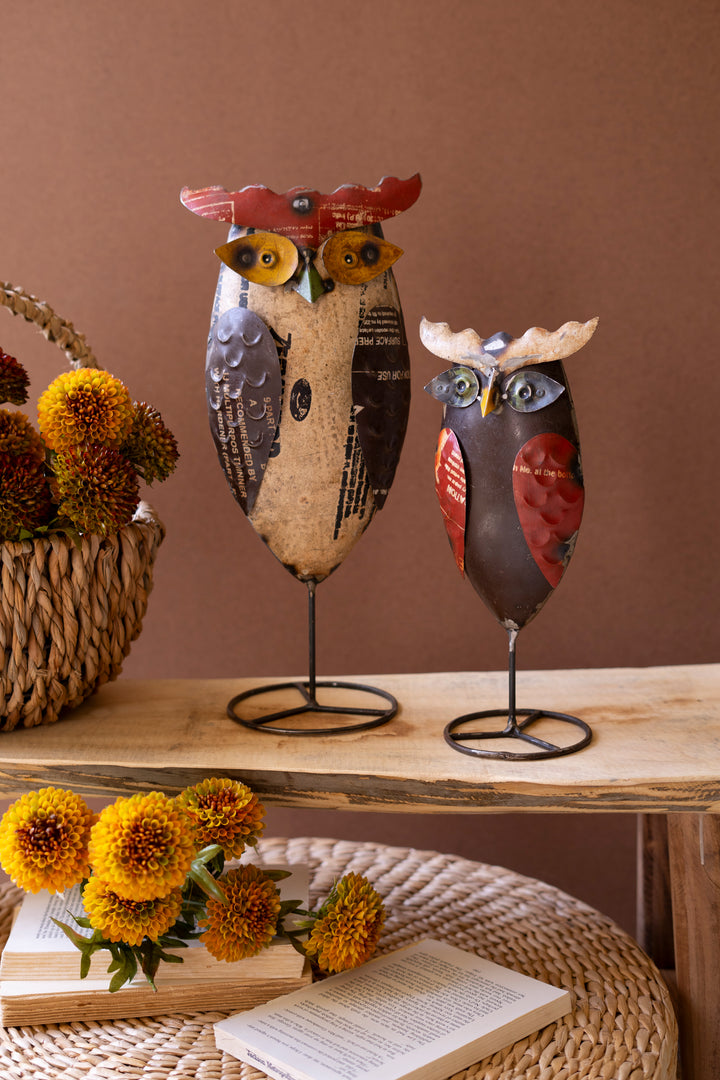Set of 2 Recycled Iron Owls on Stands