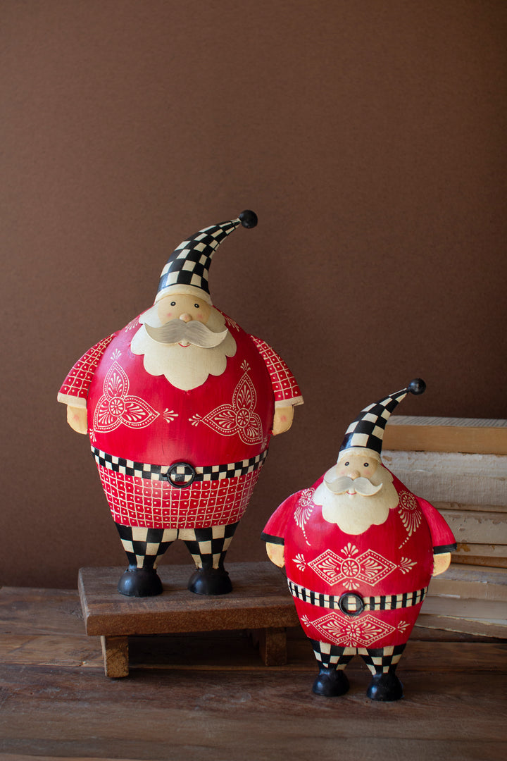 Set of 2 Painted Metal Santas with Checkered Detail