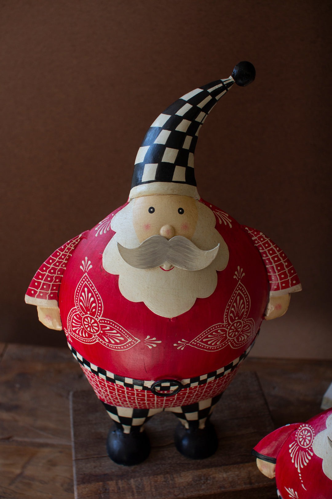 Set of 2 Painted Metal Santas with Checkered Detail