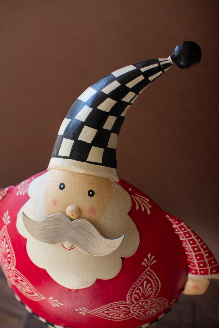 Set of 2 Painted Metal Santas with Checkered Detail