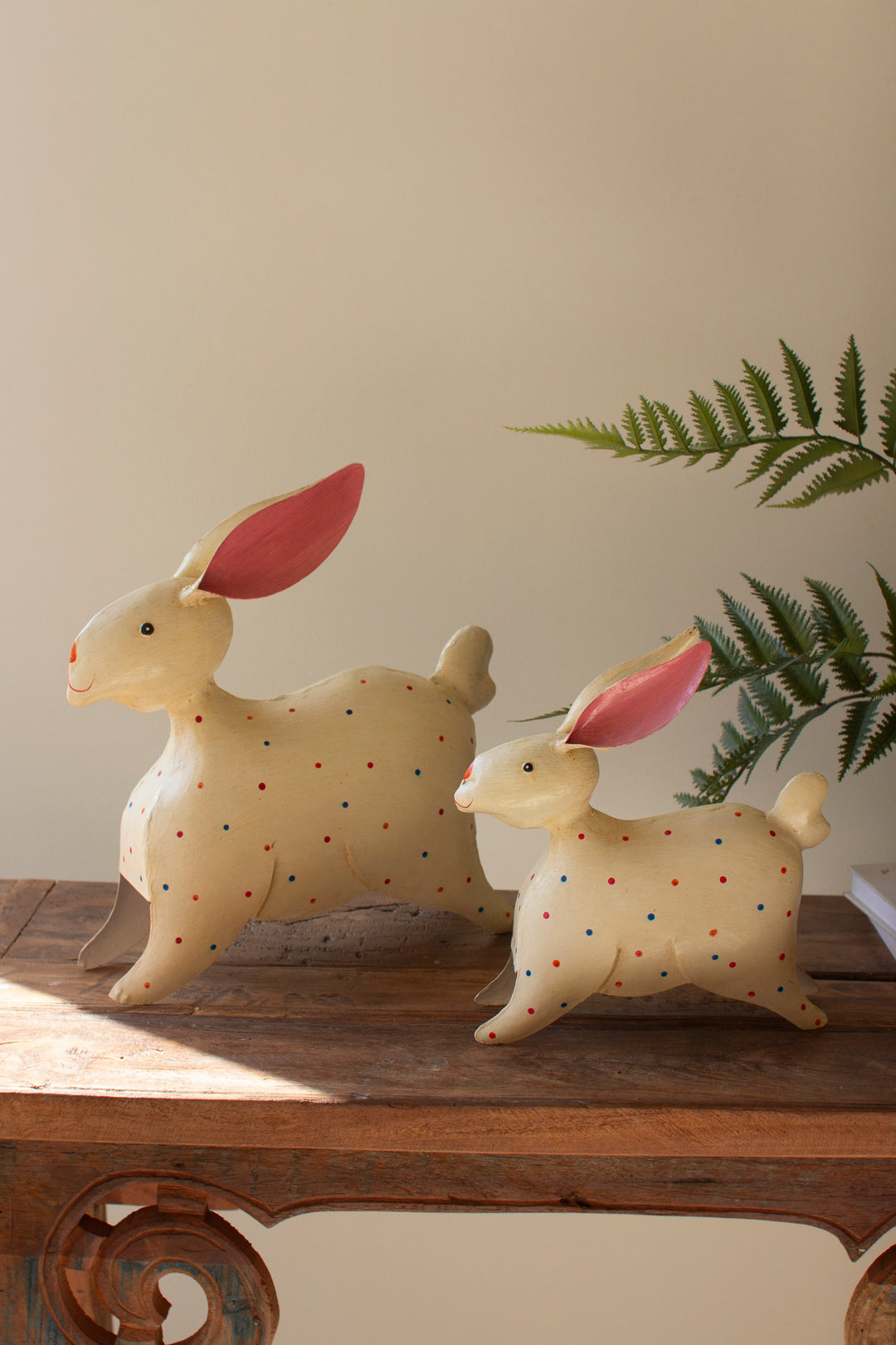 Set of 2 Painted Iron Rabbits with Polka Dots