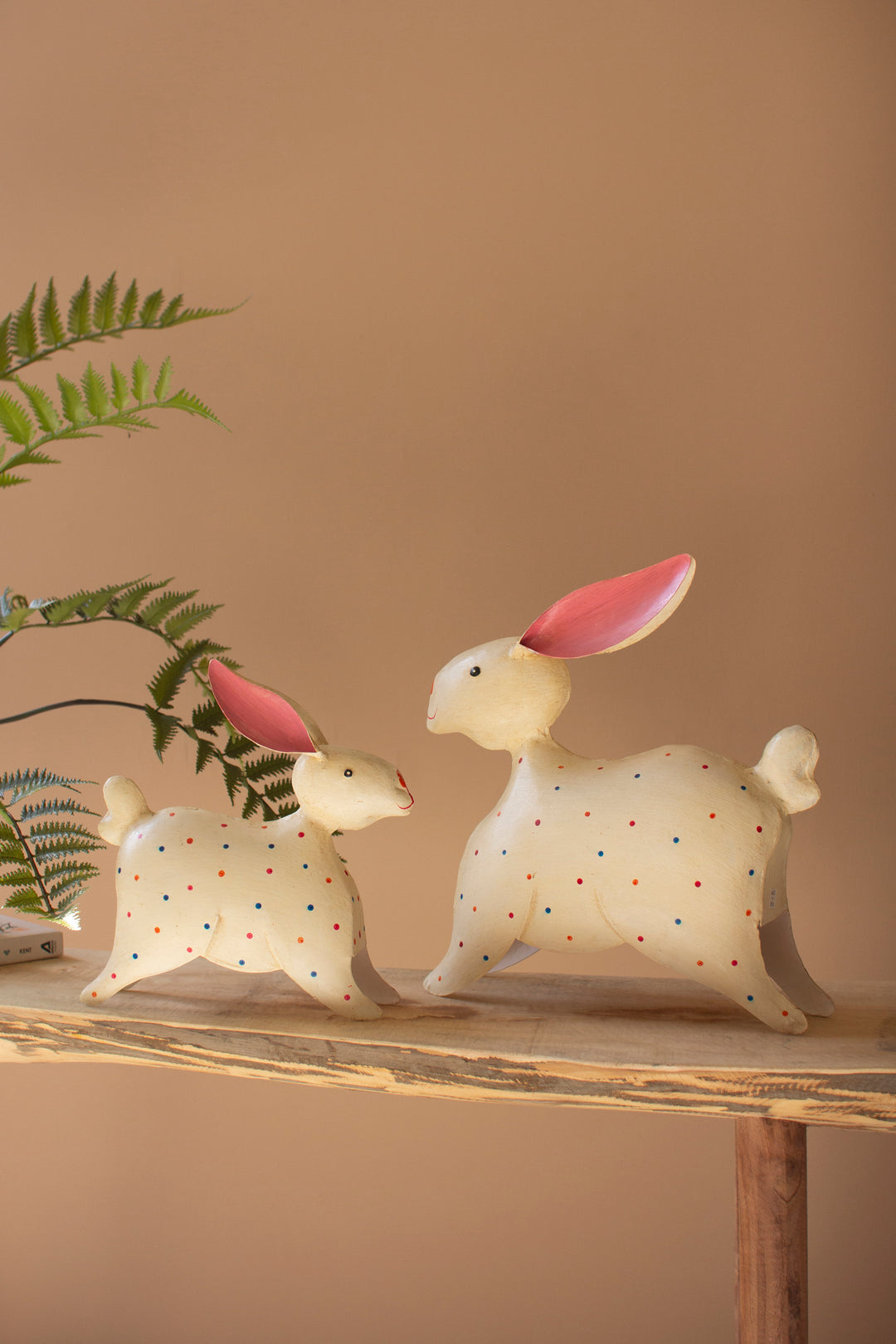 Set of 2 Painted Iron Rabbits with Polka Dots