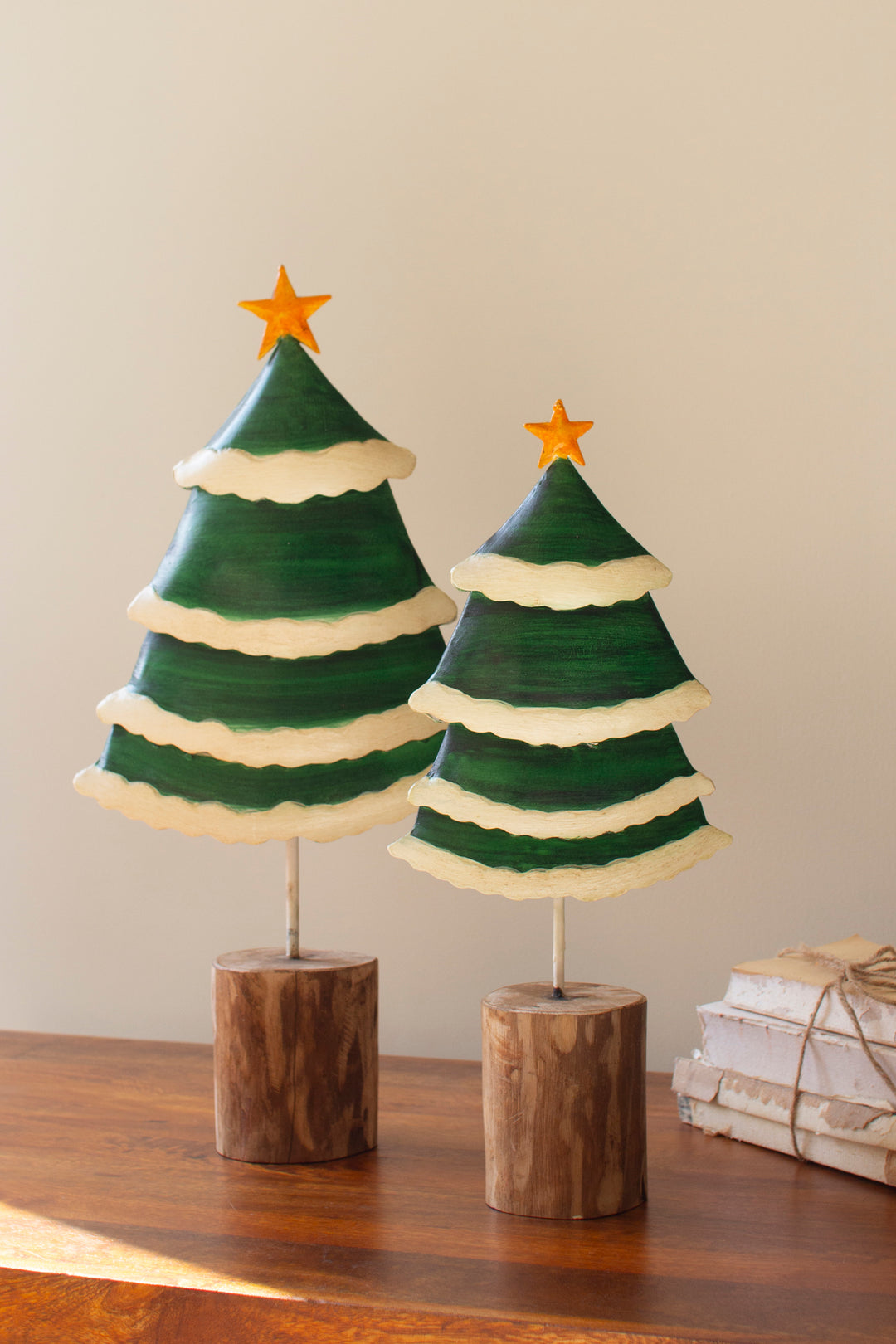 Set of 2 Painted Green and White Metal Christmas Trees on Wooden Bases