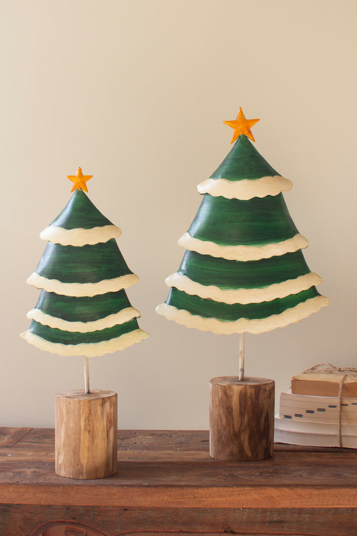 Set of 2 Painted Green and White Metal Christmas Trees on Wooden Bases