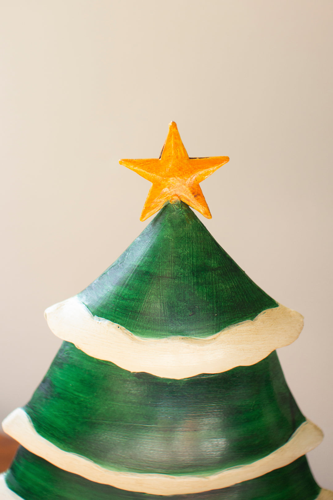 Set of 2 Painted Green and White Metal Christmas Trees on Wooden Bases