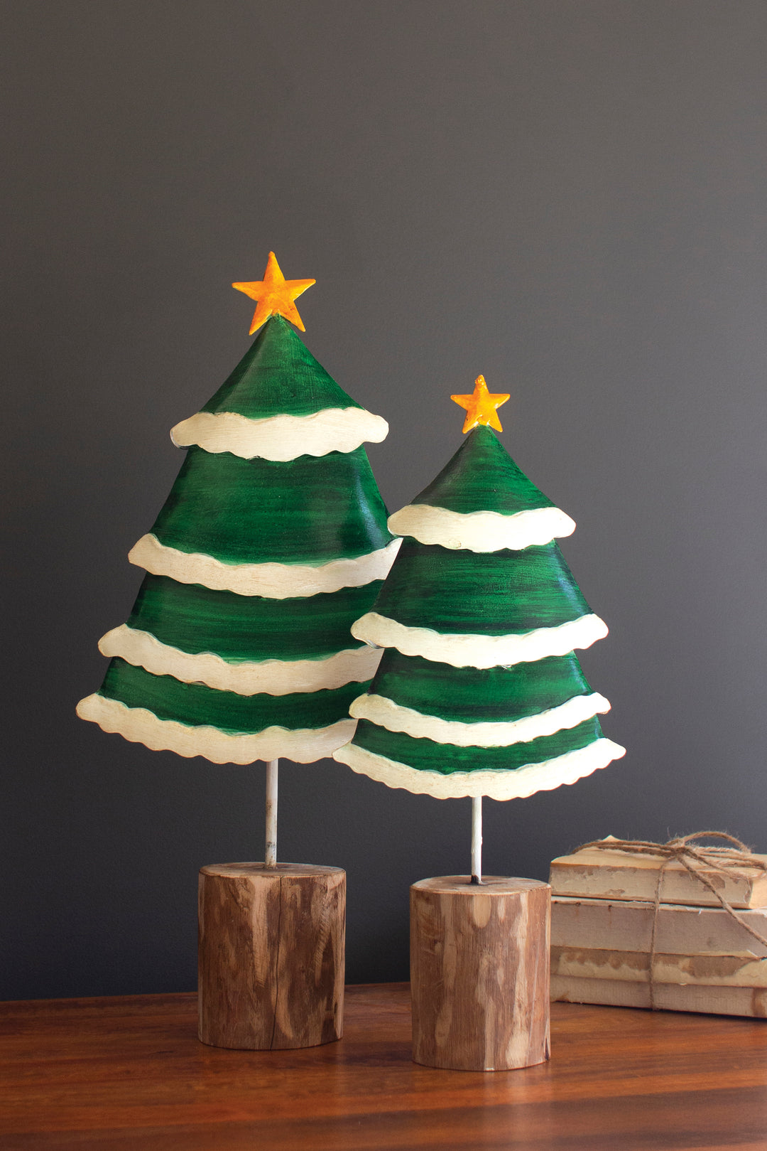 Set of 2 Painted Green and White Metal Christmas Trees on Wooden Bases