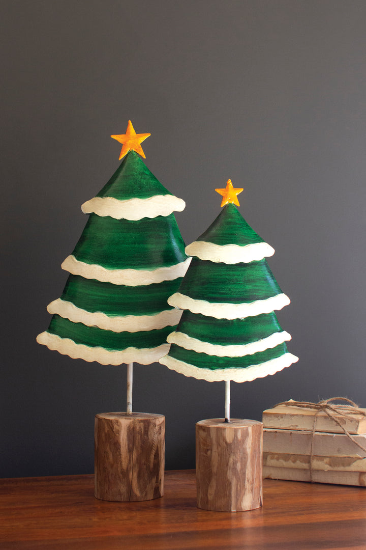 Set of 2 Painted Green and White Metal Christmas Trees on Wooden Bases