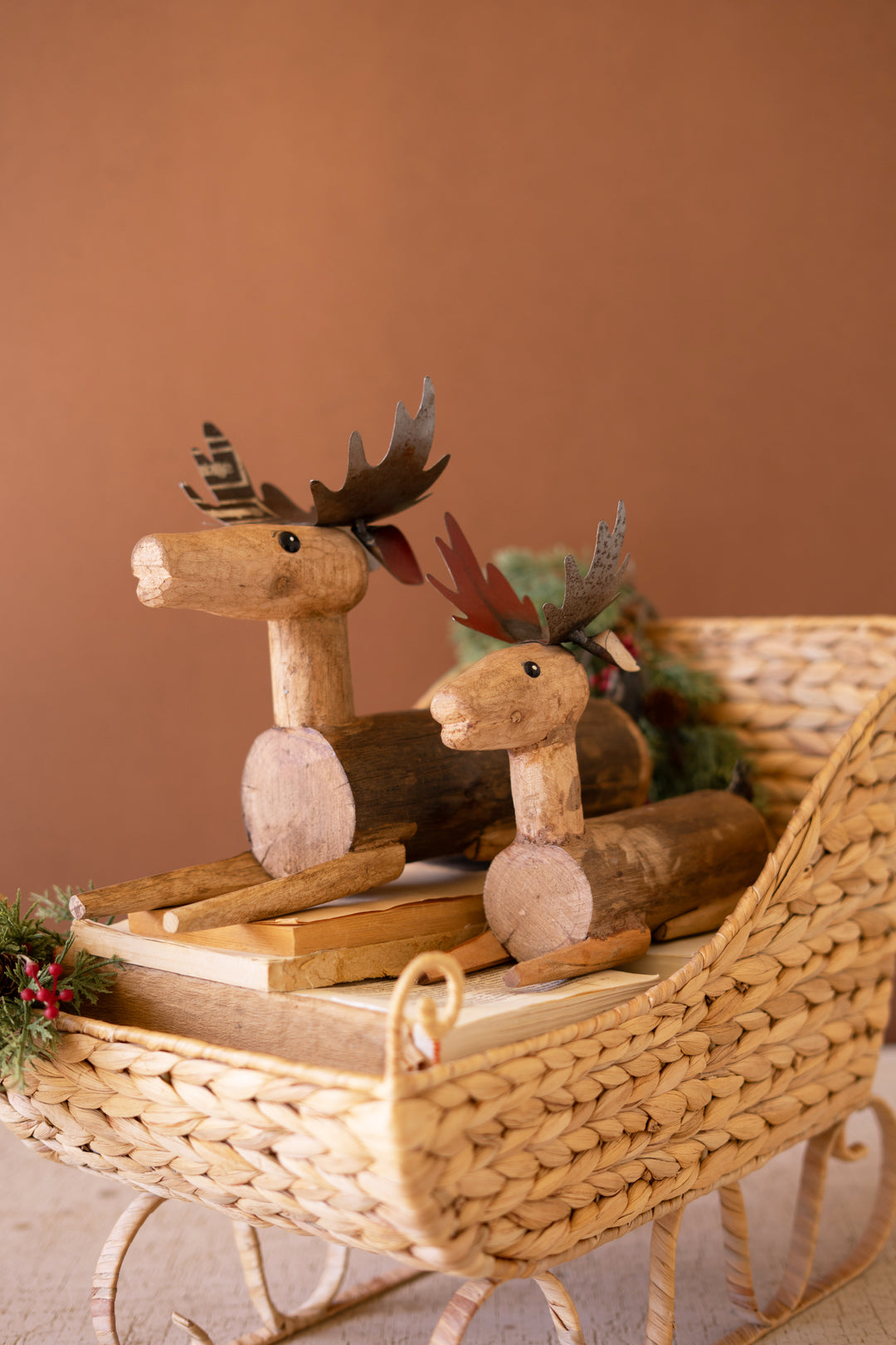 Set of 2 Metal and Wood Sitting Deer