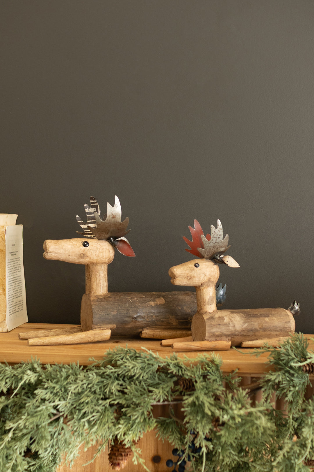Set of 2 Metal and Wood Sitting Deer