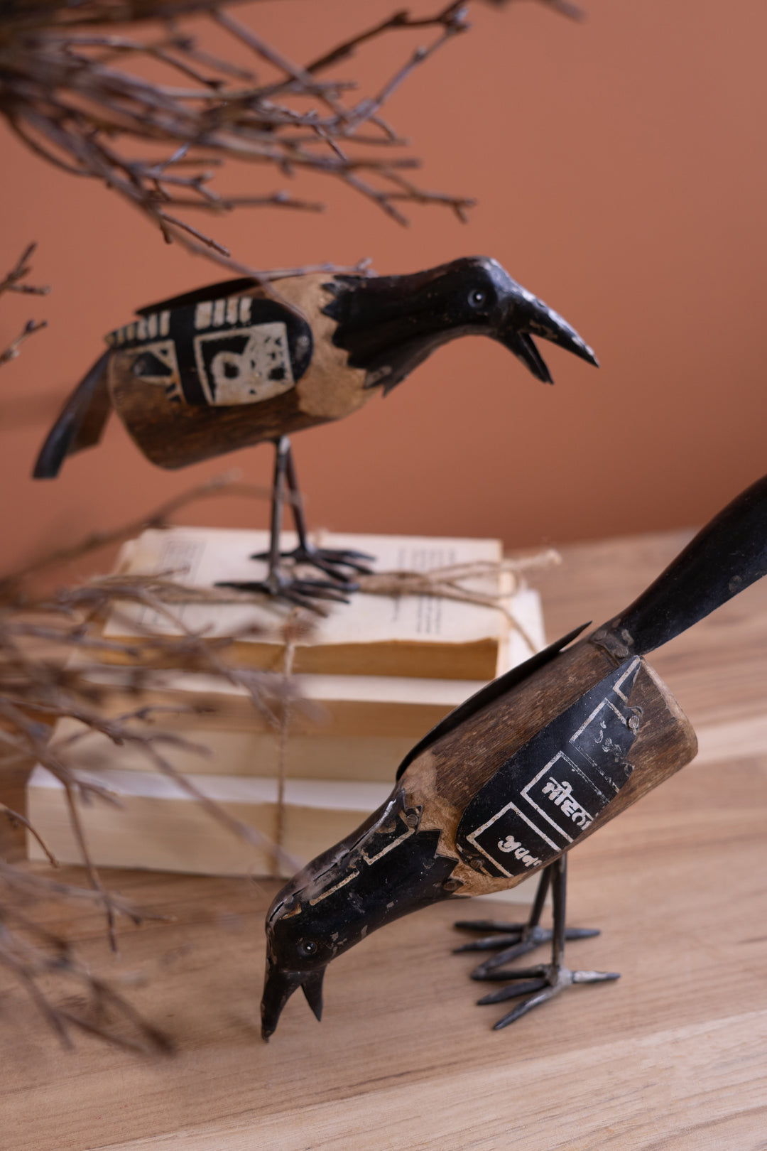 Set of 2 Recycled Metal and Wood Crows