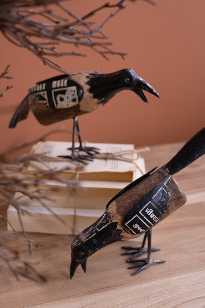 Set of 2 Recycled Metal and Wood Crows