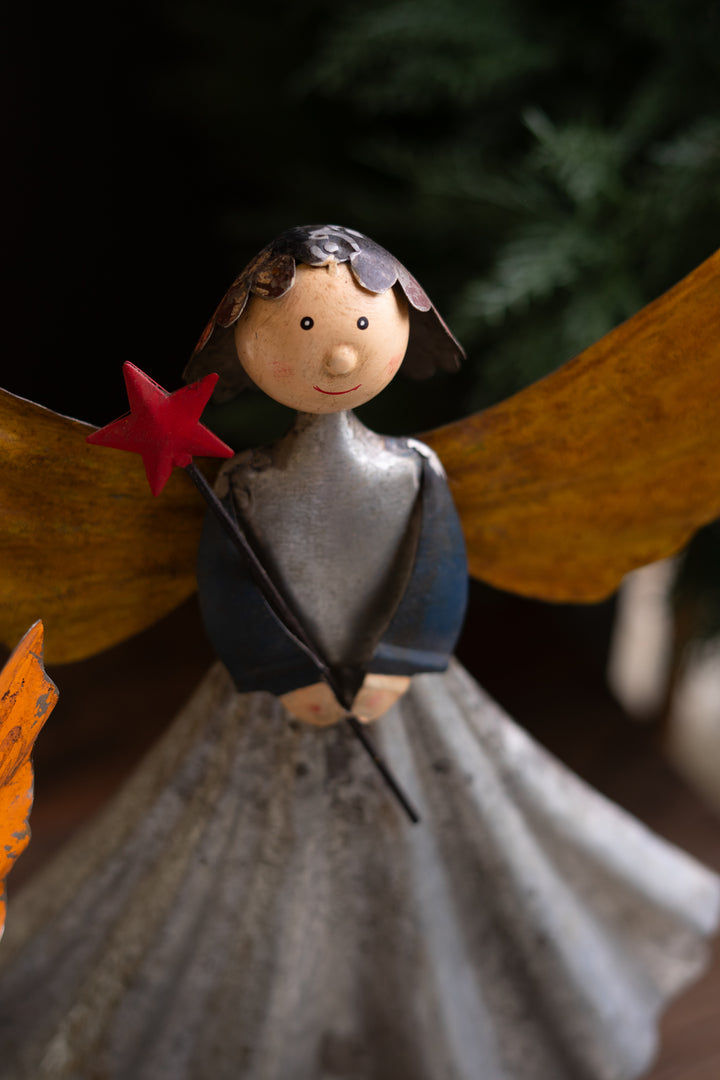 Set of 2 Recycled Metal Angels on Wooden Bases