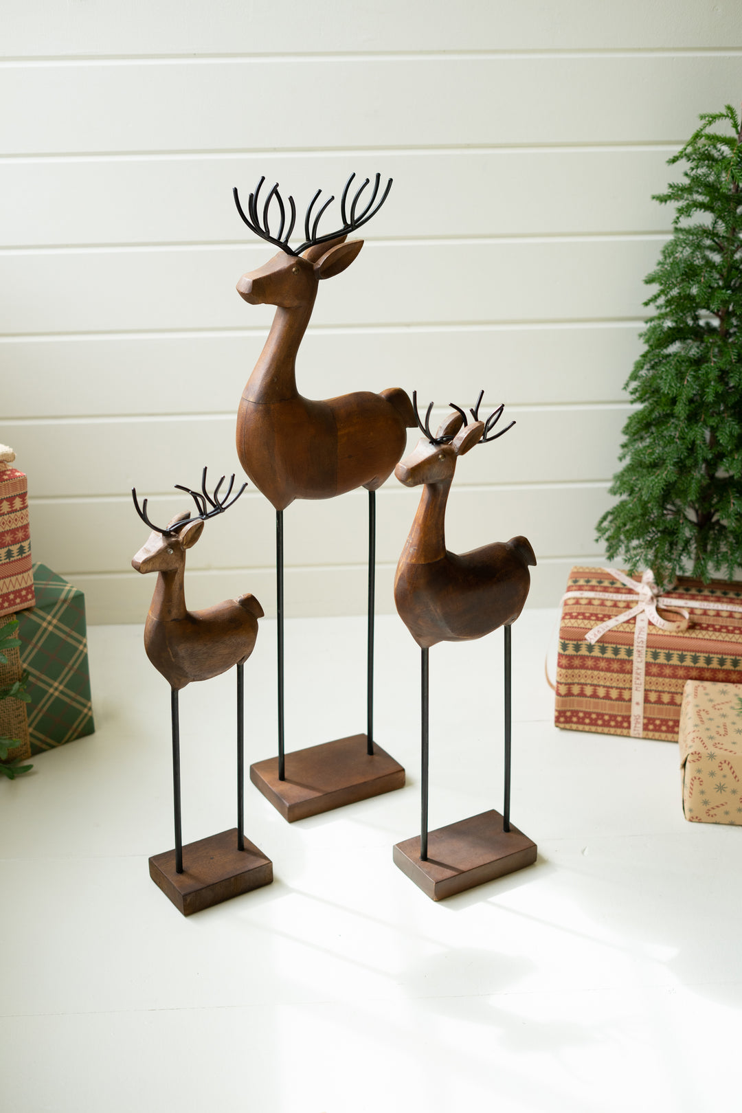 Set Of 3 Carved Wood And Iron Reindeer On Bases