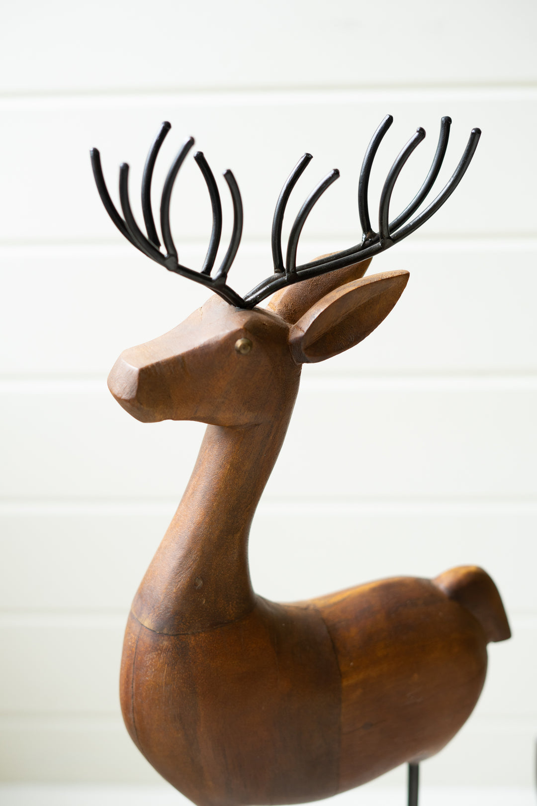 Set Of 3 Carved Wood And Iron Reindeer On Bases
