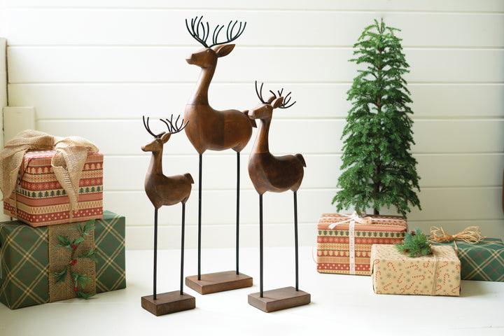 Set Of 3 Carved Wood And Iron Reindeer On Bases