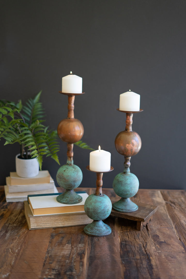 Set of 3 Copper Patina Finish Pillar Candle Holders