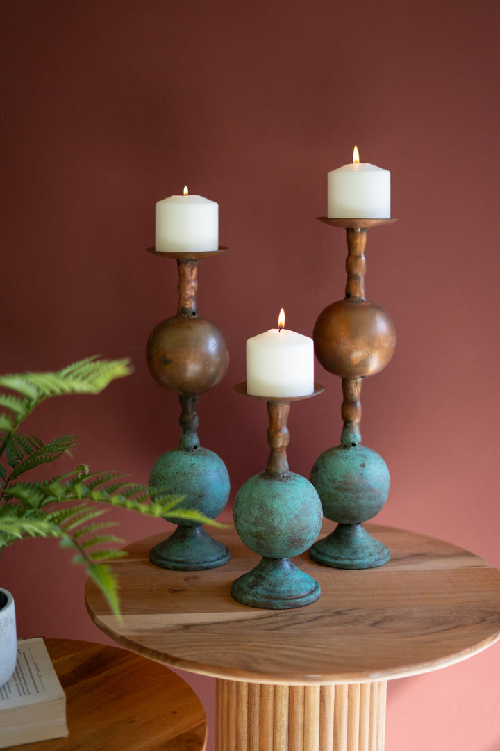 Set of 3 Copper Patina Finish Pillar Candle Holders