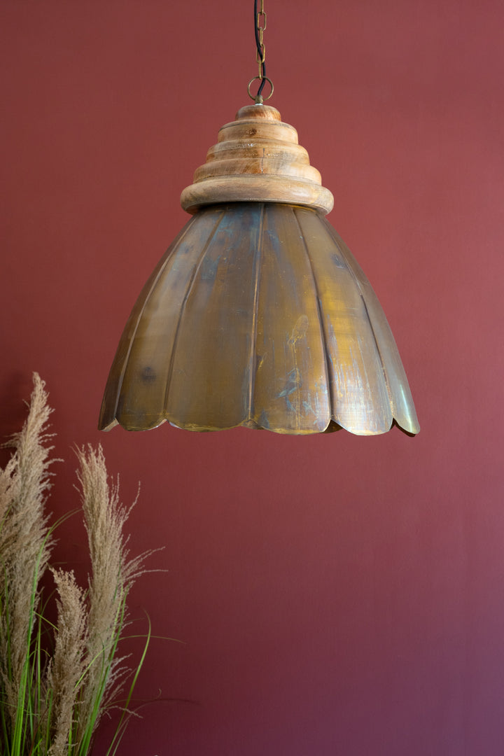 Dome Antique Brass Pendant Light with Wood Detail