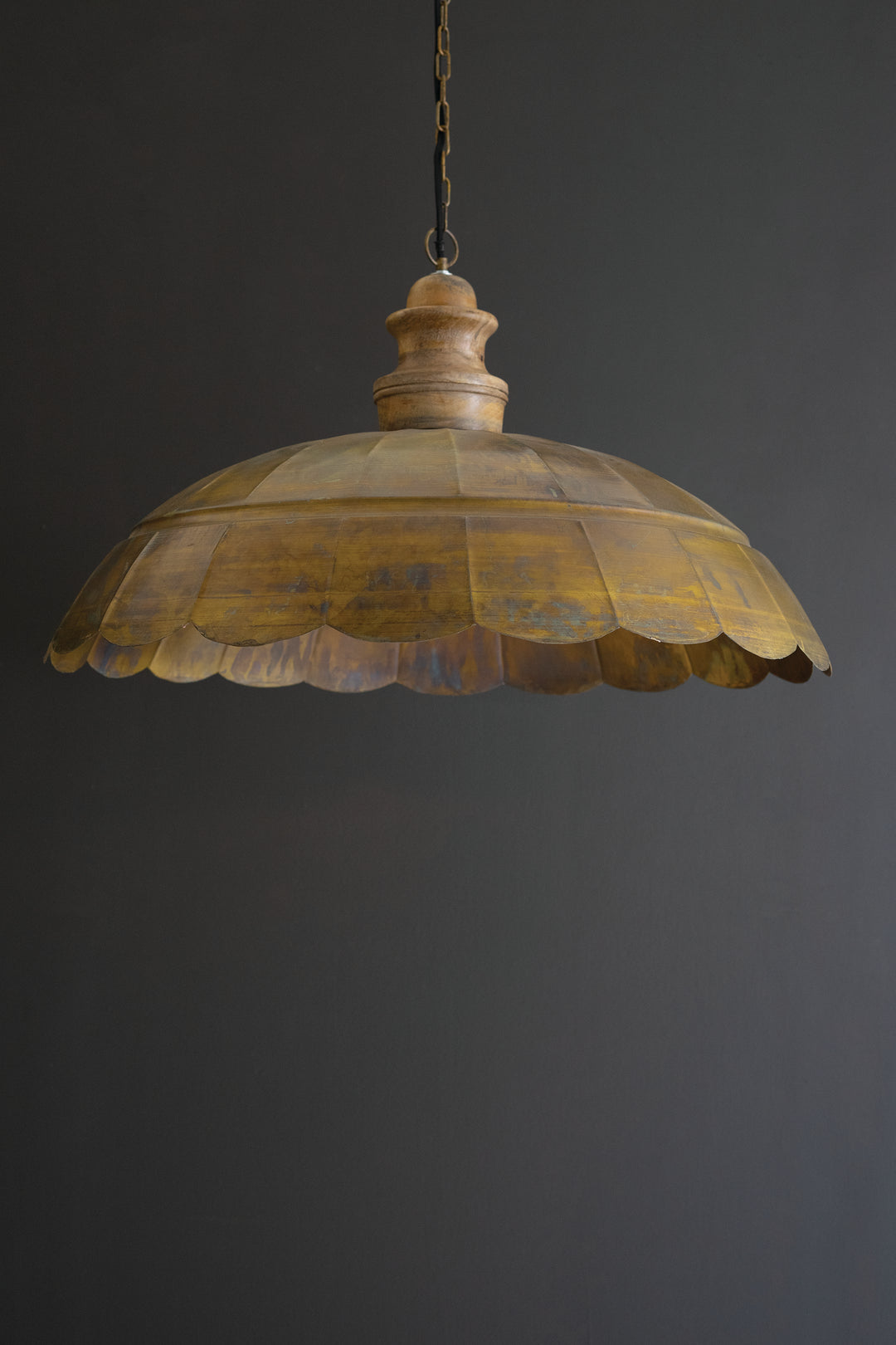 Wide Dome Antique Brass Pendant Light with Wood Detail