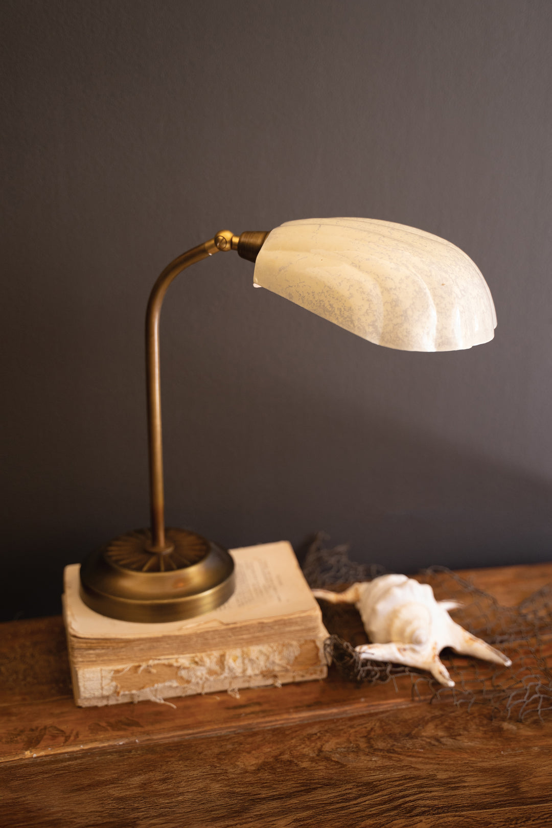 Antique Brass Table Lamp with Shell-Shaped Enamel Shade