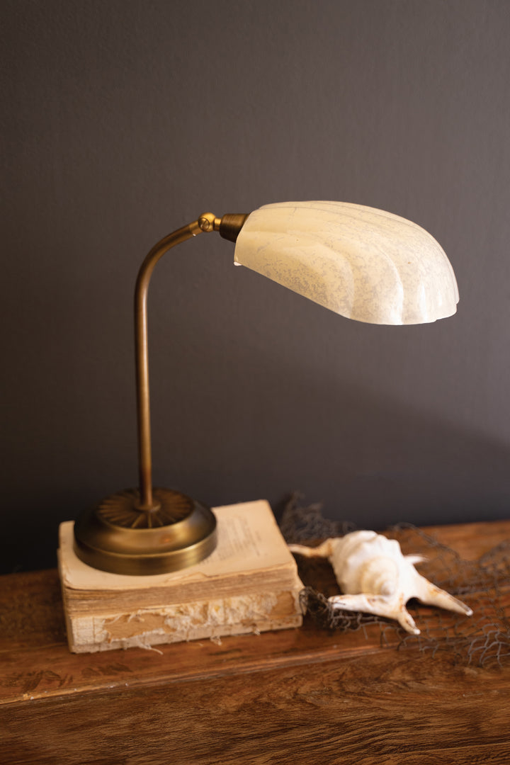 Antique Brass Table Lamp with Shell-Shaped Enamel Shade