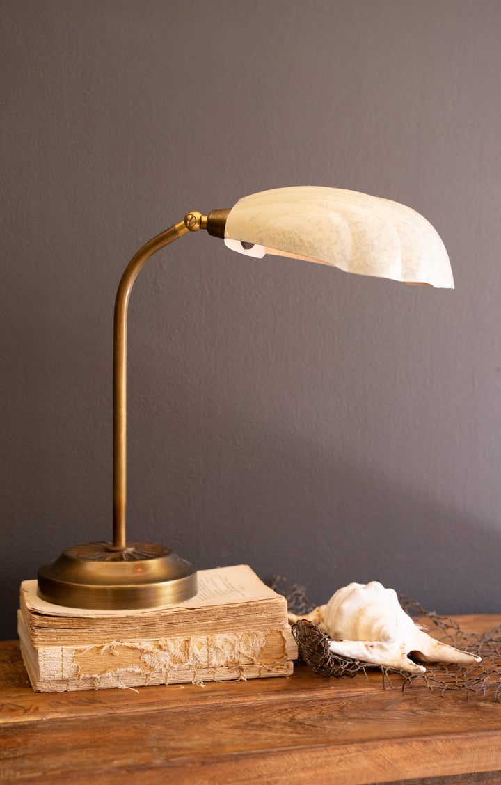Antique Brass Table Lamp with Shell-Shaped Enamel Shade