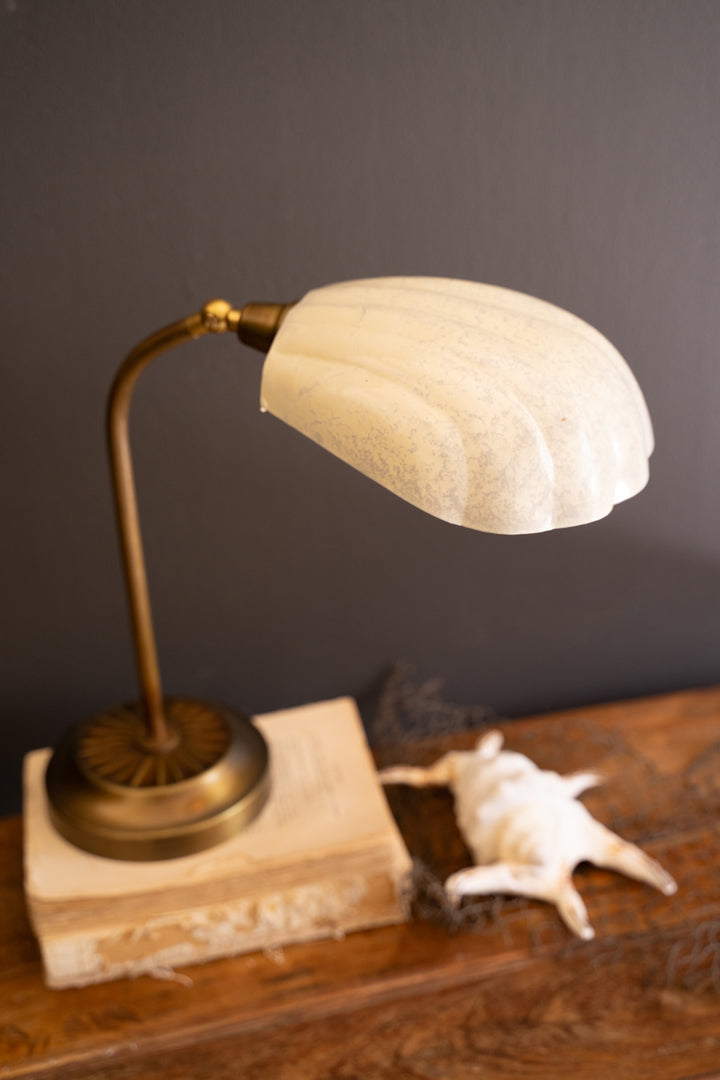 Antique Brass Table Lamp with Shell-Shaped Enamel Shade