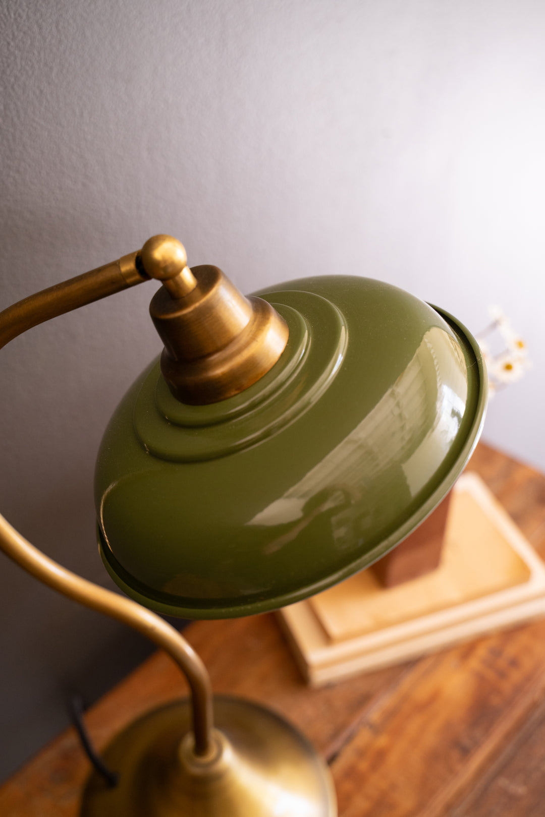 Antique Brass Table Lamp with Green Enamel Shade